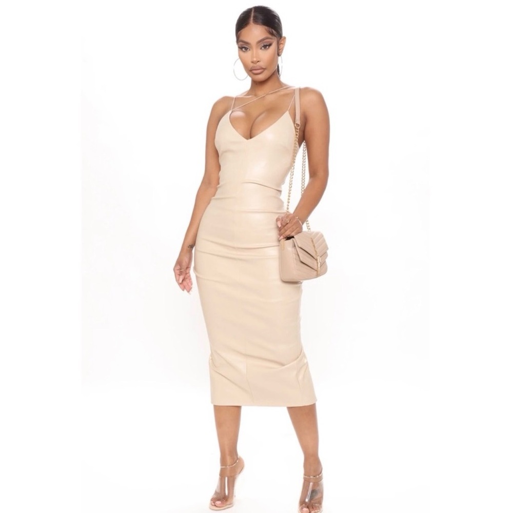Beige Faux Leather Midi Bodycon Dress